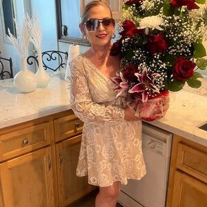 SHEIN Cream Lace Long Sleeve Dress